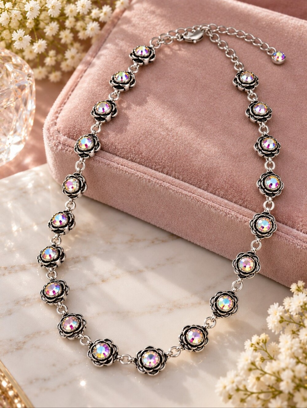 Premier Designs Primrose AB Crystal Silver Floral Choker Necklace 19” Vintage CC